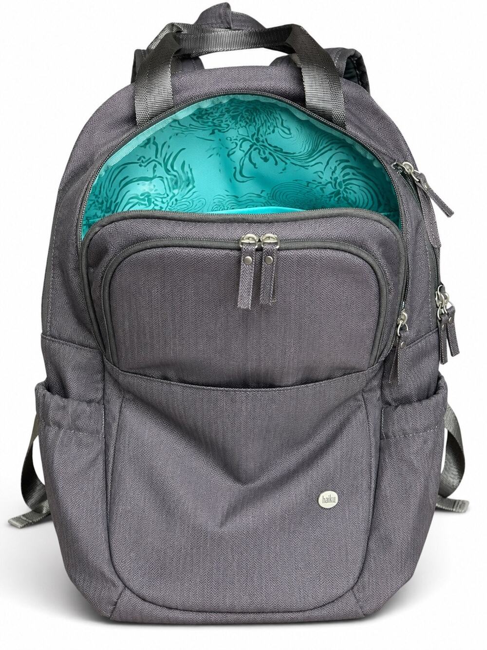 Haiku Large Backpack Gray Herringbone Teal Lining Multi Pocket Travel Carry On